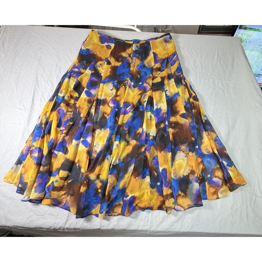 VTG Jones New York 10 Blue Yellow Silk Watercolor Semi-Sheer Skirt Lined‎ Art - Picture 11 of 14